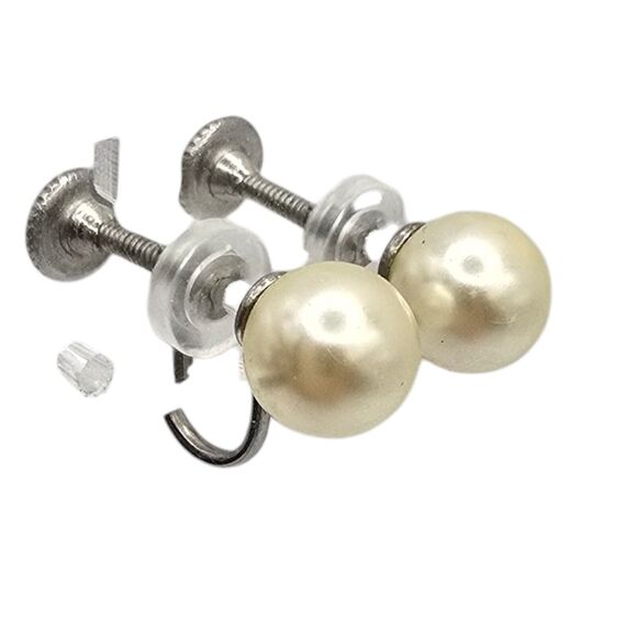 Vintage Screw Back Earrings Cream Faux Pearl Beads Silver Tone Classic Style - Picture 9 of 10